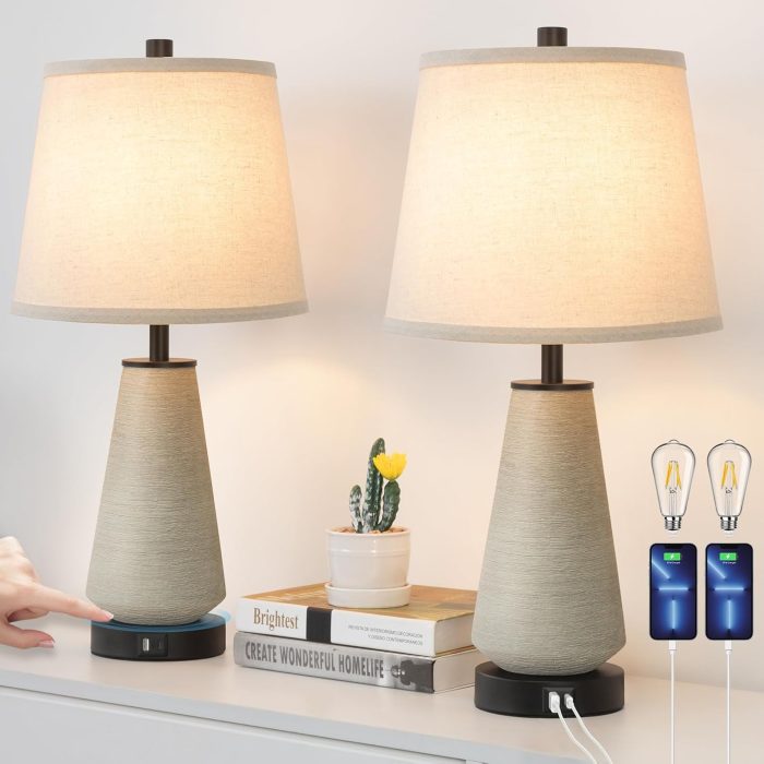 FOLKSMATE Touch Control Table Lamps, Dimmable Ceramic Bedside Lamp, Farmhouse Rustic Nightstand Lamp with USB A+C Charging Ports, End Table Lamp for Living Room Office Bedroom Home Beige