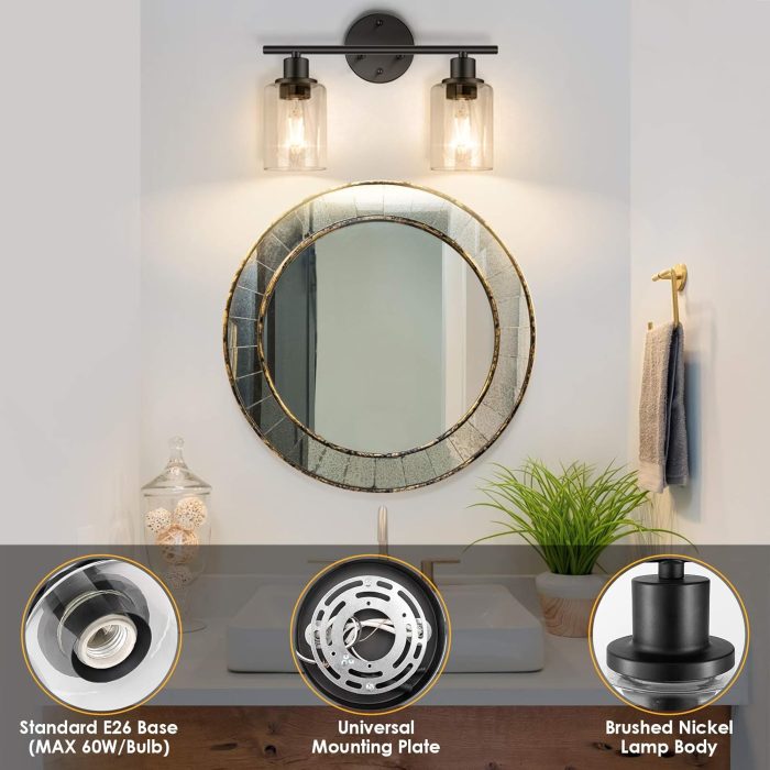 FOLKSMATE Bathroom Light Fixtures, 2 Light Matte Black Vanity Light, Vintage Wall Sconces Lighting, Modern Bath Wall Mounted Lights with Glass Shade